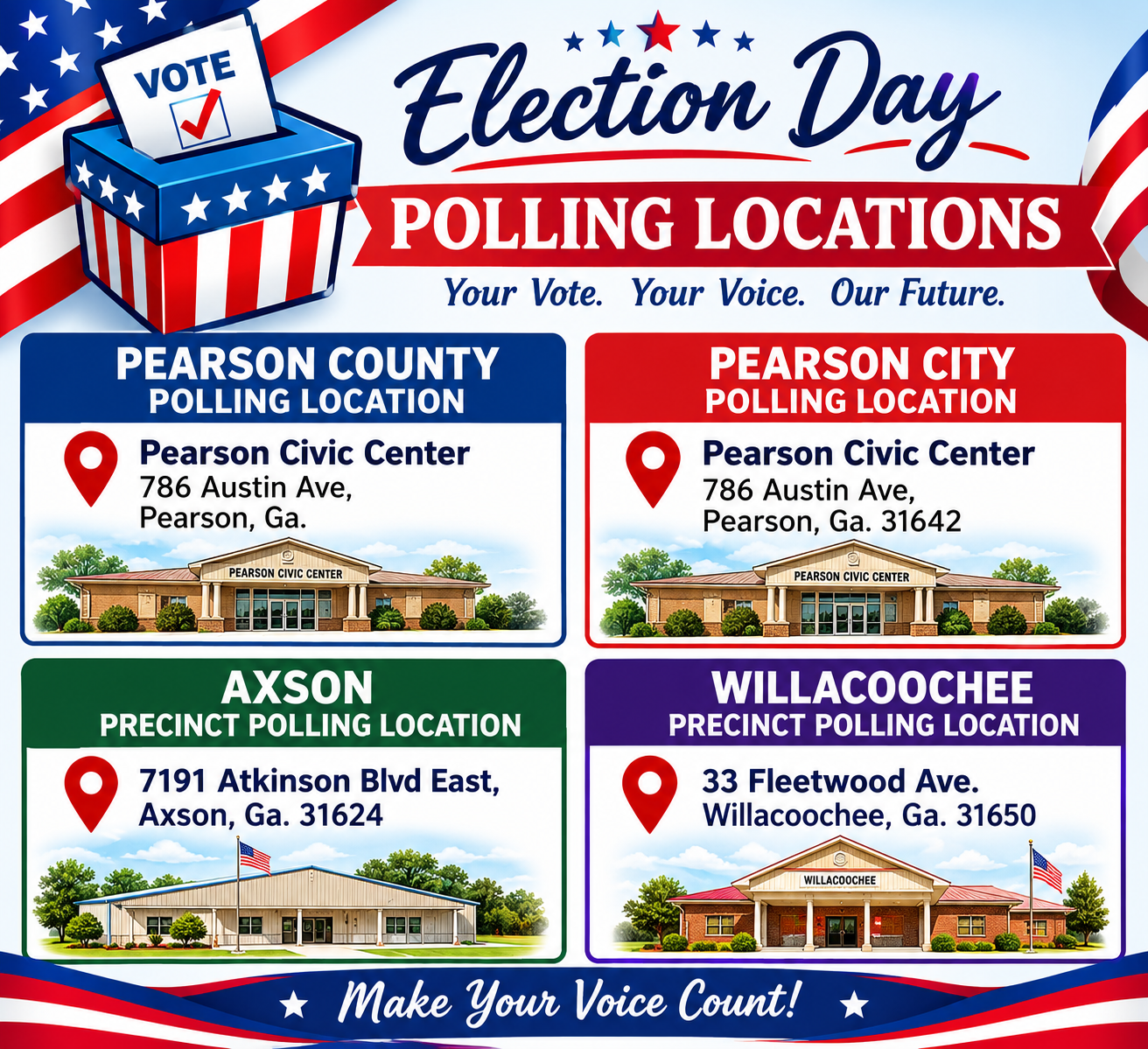 Election Polling Locations for Pearson, Axson and Willacoochee