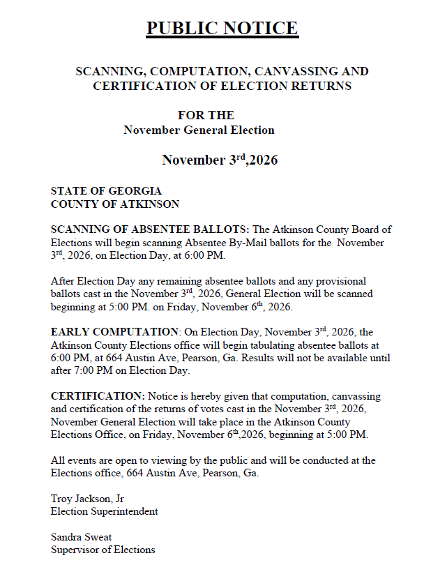 Public Notice for Tabulate Computation Canvassing November General Election 2026