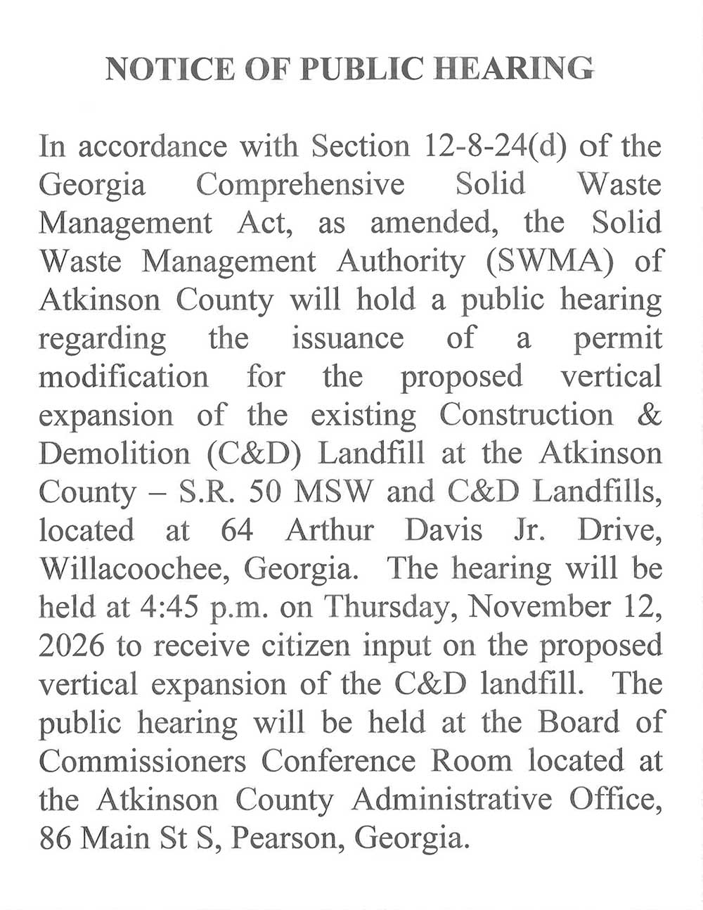 Public Hearing Notice Solid Waste Management